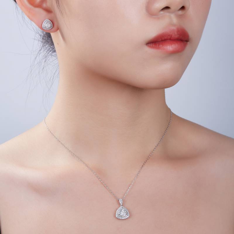 豪镶三角形S925银镀白金MoissanitePendantStud Earring套装